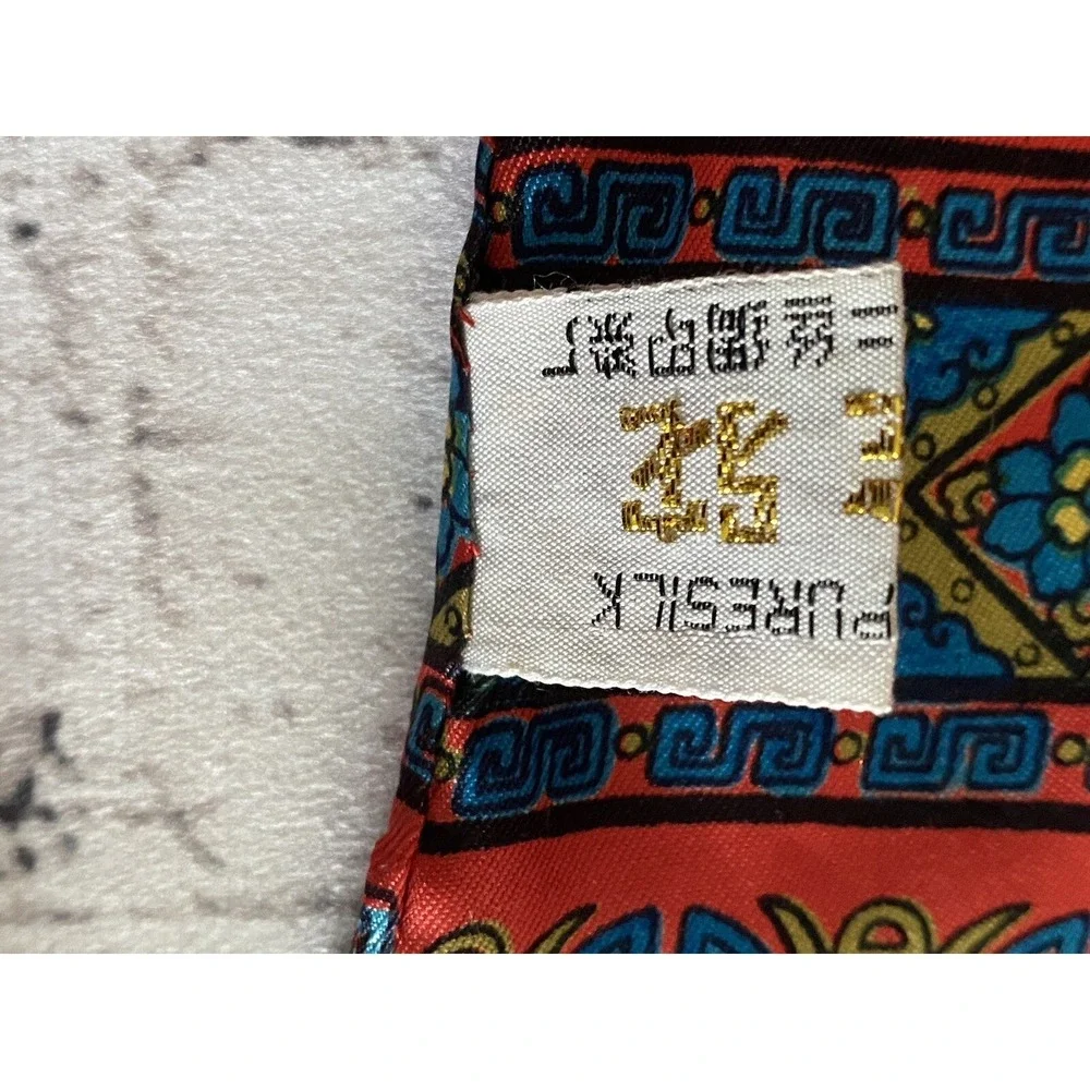 Vintage 100% Silk Rectangular‎ Scarf Japanese Fringe Red Blue Multi 12